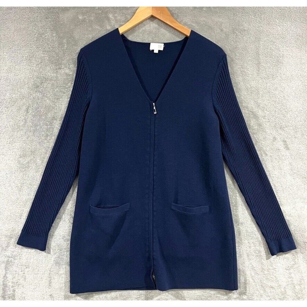 TSE 100% Wool Full Zip Navy Blue Womens Sweater Cardigan Ribbed Long Sleeve Sz L